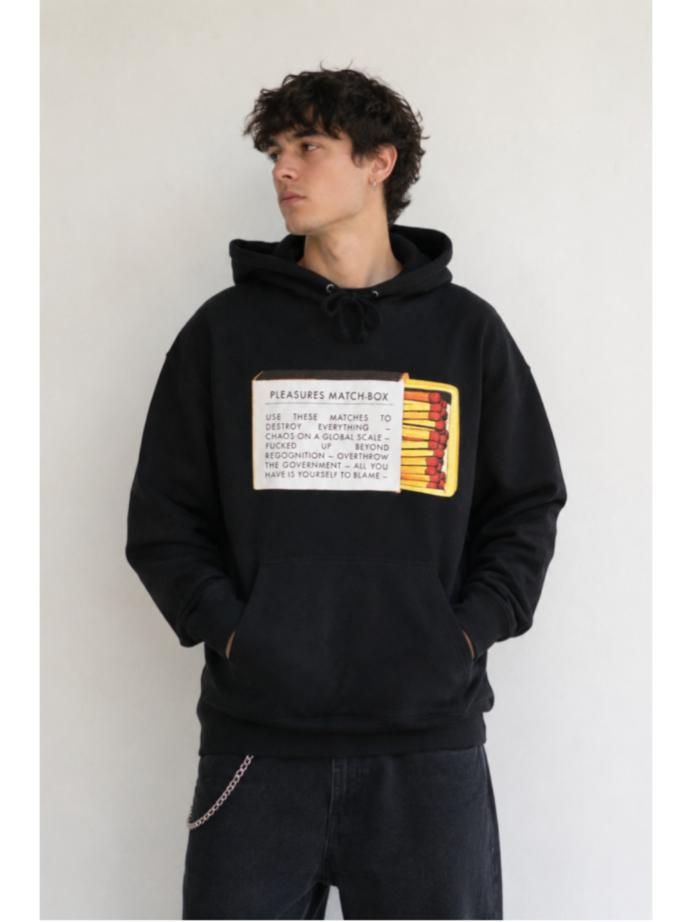 PLEASURES Match Box Hoodie Large Black Graphic Punk Grunge Streetwear L
